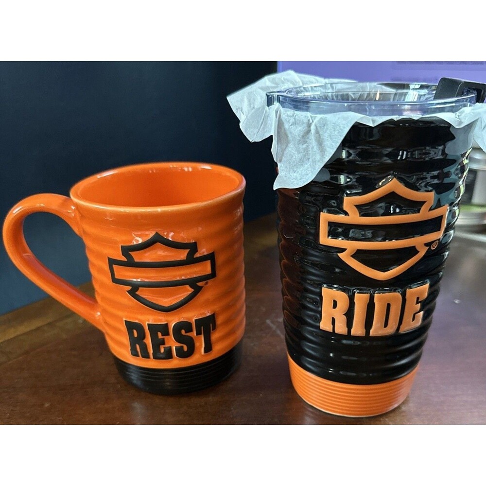 Harley-Davidson Ride & Rest Travel Coffee Ceramic Mug Set Black & Orange
